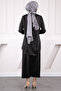 Black Front Tie Tunic Skirt Satin Suit - 3