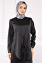 Black Front Tie Tunic Skirt Satin Suit - 4