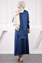 Navy Blue Front Tie Tunic Skirt Satin Suit - 3