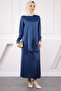 Navy Blue Front Tie Tunic Skirt Satin Suit - 2