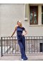 Navy Blue Shoulder Detail Elastic Waist Suit - 4