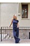 Navy Blue Shoulder Detail Elastic Waist Suit