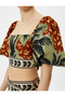 Women'S Brown Design Square Neck Crop Blouse - 5