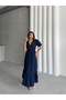 Women's Navy Blue Double Breasted Collar Gimped Muslin Dress - 4