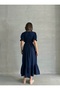 Women's Navy Blue Double Breasted Collar Gimped Muslin Dress - 7