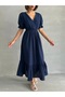 Women's Navy Blue Double Breasted Collar Gimped Muslin Dress - 3
