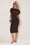 Kahverengi Midi Büzgü/Drape Detaylı Örme Elbise TWOSS25EL00780