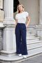 Women's Silky Textured Modal High Waist Side Pockets Elastic Back Wide Leg Loose Palazzo Trousers-Navy - 5
