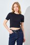 Women's Black (25608) Crew Neck Low Sleeve Full Lycra Ribbed Crop T-Shirt - 4