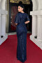 Sequin Sequin Fabric V-Neck Evening Dress - Dark Blue - 5