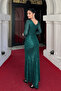 Sequin Fabric Design Dress with Shirring Detail - Emerald Green - 5