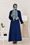 Henna Dress with Flounces and Belted Sleeves-Navy Blue - 5
