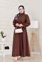 Henna Dress with Flounces and Belted Sleeves-Brown