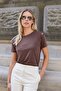 Women's Quality Modal Fabric Crew Neck Button Accessory Short Sleeve T-Shirt Blouse-Brown - 3
