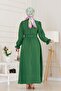 Henna Dress with Flounces and Belted Sleeves-Green - 5