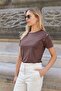 Women's Quality Modal Fabric Crew Neck Button Accessory Short Sleeve T-Shirt Blouse-Brown - 4