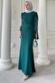 Cut Sleeve Detail Stoned Emerald Green Evening Dress - 3