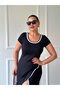 New Season Women's Short Sleeve Round Neck Ribbed Slit Detail Full Length Viscose Dress - 6