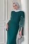 Cut Sleeve Detail Stoned Emerald Green Evening Dress - 4
