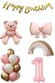 Pink Teddy Bear Age Balloon Rainbow Themed Baby Girl Concept Birthday Party Set Ornament