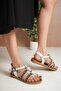 Women's Sandals Genuine Leather Banded Adjustable Flat Sole Ethnic Detailed Flip Flops Amber White - 3