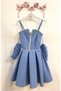 Girl's Crepe Fabric Blue Color Short Evening Dress - 5