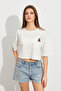 Women's White Teddy Bear Embroidered Crop T-Shirt Ats8700 - 3