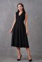 Double Fabric Button Detailed Pleated Flared Cut V-Neck Midi Length Black Evening Dress 2182 - 6