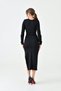 Flexible Diving Fabric Midi Length Double Breasted Neck Slit Detailed Long Sleeve Black Evening Dress 6031 - 5