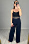 Women's Navy Blue Elastic Waist Lycra Palazzo Trousers - 6