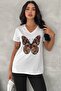 Women's White V-Neck Butterfly Pattern Sequin and Embroidery Embroidered 100% Cotton T-Shirt - 7