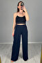 Women's Navy Blue Elastic Waist Lycra Palazzo Trousers