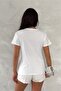 Women's White V-Neck Shoulders Floral Pattern Sequin Sequin and Embroidery Embroidered 100% Cotton T-Shirt - 6