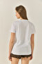 Women's White Crew Neck Short Sleeve Stone Printed Leopard Detailed Regular Fit T-Shirt 1631 60283280 - 5