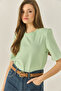 Women's Aqua Green Crew Neck Padded Cotton Basic T-Shirt 241134 60283128 - 2