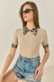 Women's Beige Polo Collar Leopard Detailed Ribbed Knitted Blouse 2470 60284047 - 2