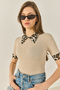 Women's Beige Polo Collar Leopard Detailed Ribbed Knitted Blouse 2470 60284047 - 3