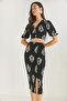 Women's Black White V-Neck Crop Blouse Slit Detailed Skirt Patterned Wrinkled Bottom-Top Set 8037 60284045 - 6