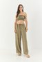 Women's Khaki Striped Gipe Detailed Crop Top Drawstring Waist Wide Leg Pants Top and Bottom Set 60283262 - 2