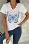 Women's White V-Neck Butterfly Sequin Sequin Embroidered 100% Cotton T-Shirt - 4