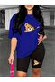 Women's Cobalt Blue Zippered Bear Printed Cotton Oversize T-Shirt Black Short Diver Tights Set