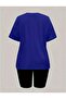 Women's Cobalt Blue Zippered Bear Printed Cotton Oversize T-Shirt Black Short Diver Tights Set - 2
