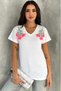 Women's White V-Neck Shoulder Flower Tassel Sequin Embroidered 100% Cotton T-Shirt - 7