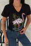 Women's Black V-Neck Flamingo Sequin Sequin and Embroidery Embroidered 100% Cotton T-Shirt - 4