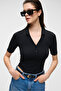 Lokkıser Women's Buttoned Apaj Collar Short Sleeve Black Blouse - 3