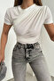 Women's Crew Neck and Waist Drawstring Sandy Fabric Short Sleeve Blouse - 3