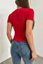 Women's Crew Neck and Waist Drawstring Sandy Fabric Short Sleeve Blouse - 2