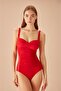 Women's Gathering Draped Red Swimsuit Lana-Black Leaf Pattern Pareo Set of 2 Stylish and Slimming Effect - 2