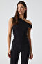 Stoneak Women's Asymmetrical Neck Slim Single Jersey Drawstring Detail Black Blouse - 3