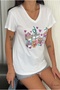 Women's White Teddy Bear Heart Flower Sequin Sequin Embroidered V-Neck 100% Cotton T-Shirt - 8